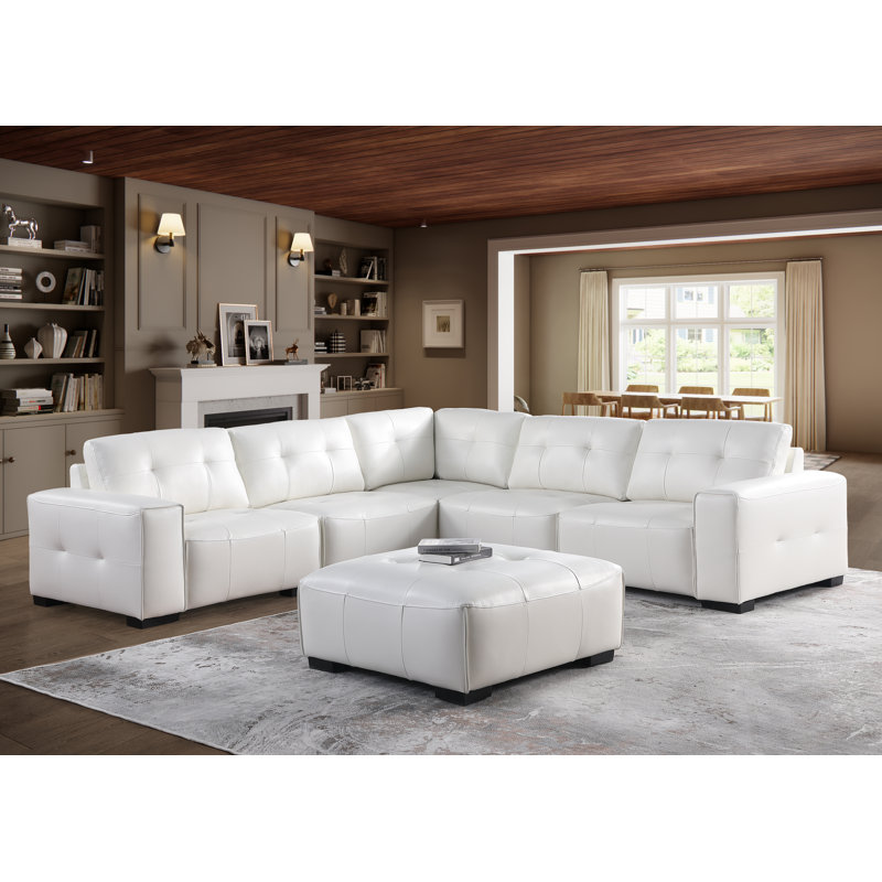 Upholstered Breathable Leather 6-piece Sofa Sectional With Ottoman, Tufted Cushions, White Faux Leather