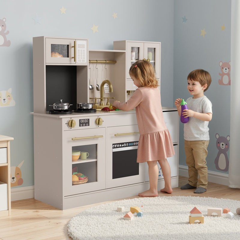 Kids Play Kitchen, Wooden Pretend Toy Kitchen, Toodler Cooking Playset, Stove W/light & Sound, Sink, Microwave, 2 Fabric Boxs, Dishwasher