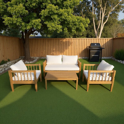 4-piece Teak Finish Patio Conversation Set, Deep Seating Outdoor Furniture With Thick Cushions & Coffee Table For Backyard Porch Balcony