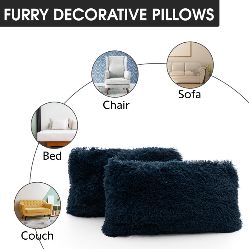 Navy Faux Fur Shaggy Throw Pillows Set of 2