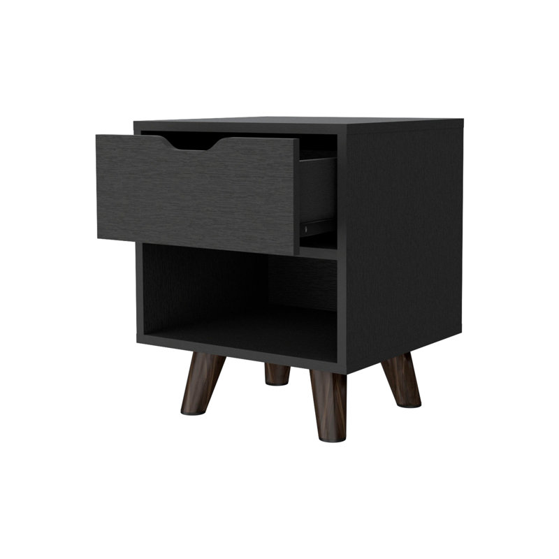 Table de chevet noire avec 1 tiroir et tablette ouverte polyvalente pour la chambre à coucher
