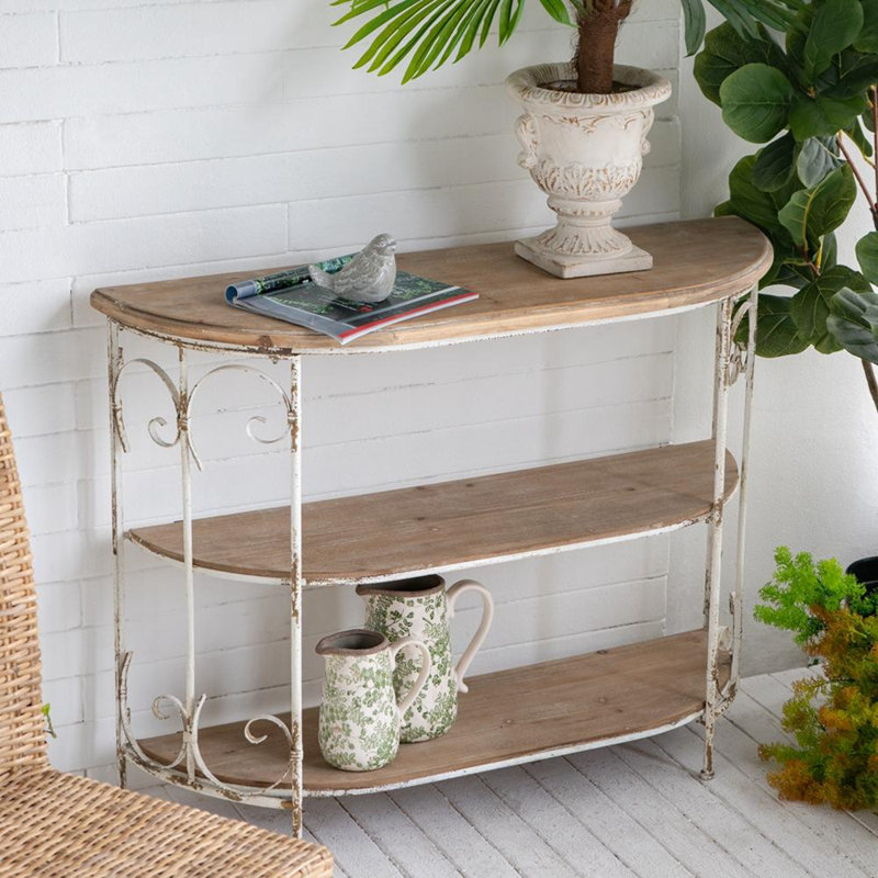 43.5x14x32" Three-Tiered Wooden Shelving Unit with Ornate Iron Frame