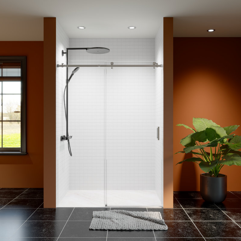 50"-54" W X 76" H Frameless Single Sliding Shower Door,  5/16" (8Mm) Thickened Upgrade Tempered Glass Door, Smooth Roller Stainless Steel Hardware, Reversible Mounted Modern Bathroom Enclosure