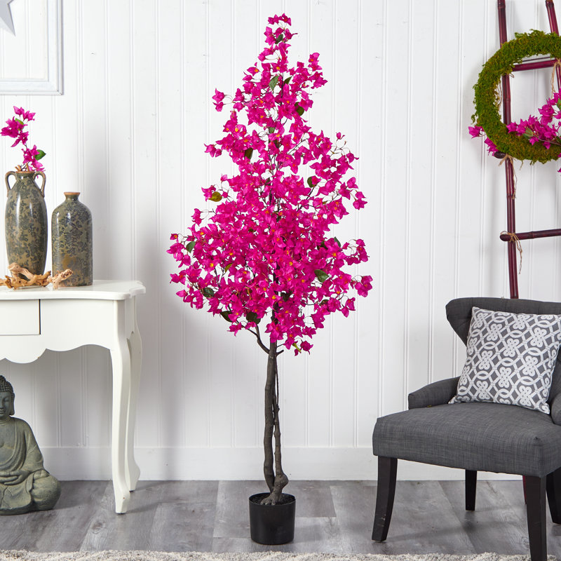 Faux Flowering Tree in Planter, White, 72" H x 31" W x 10" D