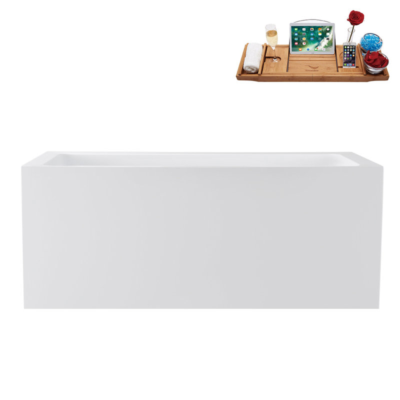 59" Streamline Soaking Glossy White Freestanding Tub and Tray With Internal Drain, Polished Chrome