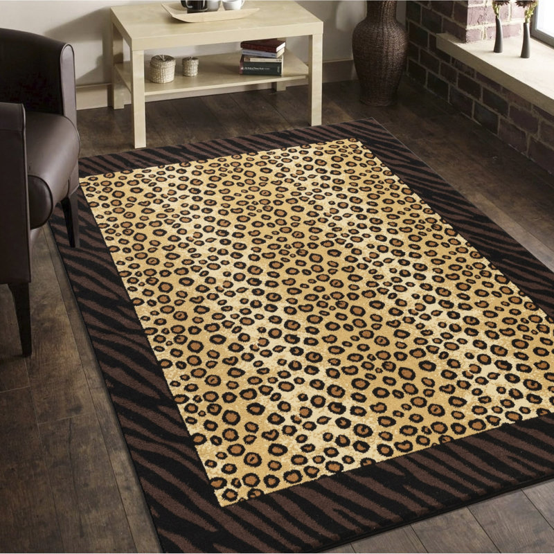 Tapis de jardin 3 po Tapis en polypropylène X rectangulaire long et long, noir et beige, de style montagnard, imprimé léopard, teinté pour la maison