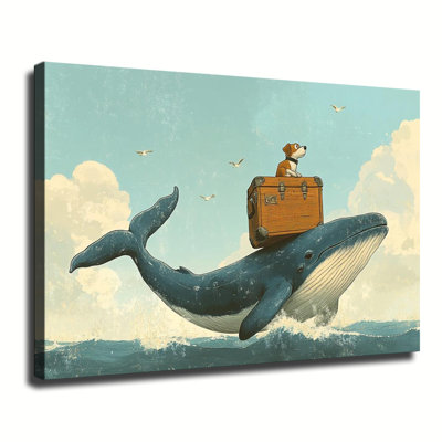 Tableau grand format sur toile tendue représentant une baleine rétro nageant sur les vagues, avec un Jack Russell assis sur un coffre vintage, idéal pour le salon ou la chambre.