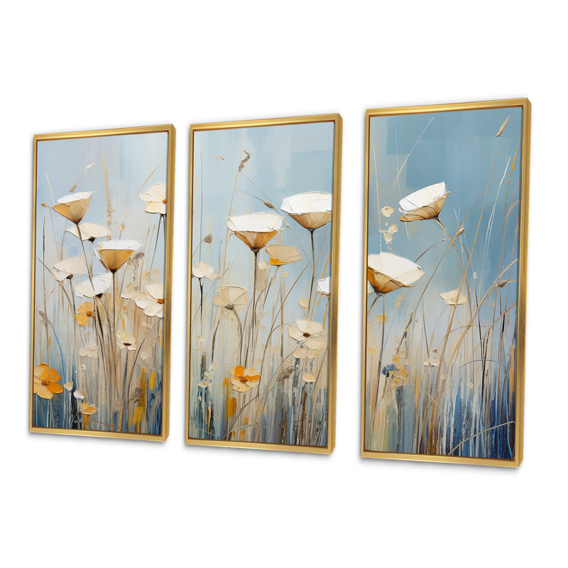 «Beige Minimalisme Wildflowers Breeze» - ensemble d'art mural fleurs sauvages, Cadre flottant doré