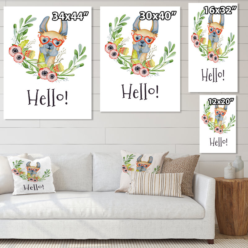 Adorable personnage de dessin animé de lama - Art mural pour enfants, art sur toile, H 32 po x l 16 po x P 1 po, Toile tendue