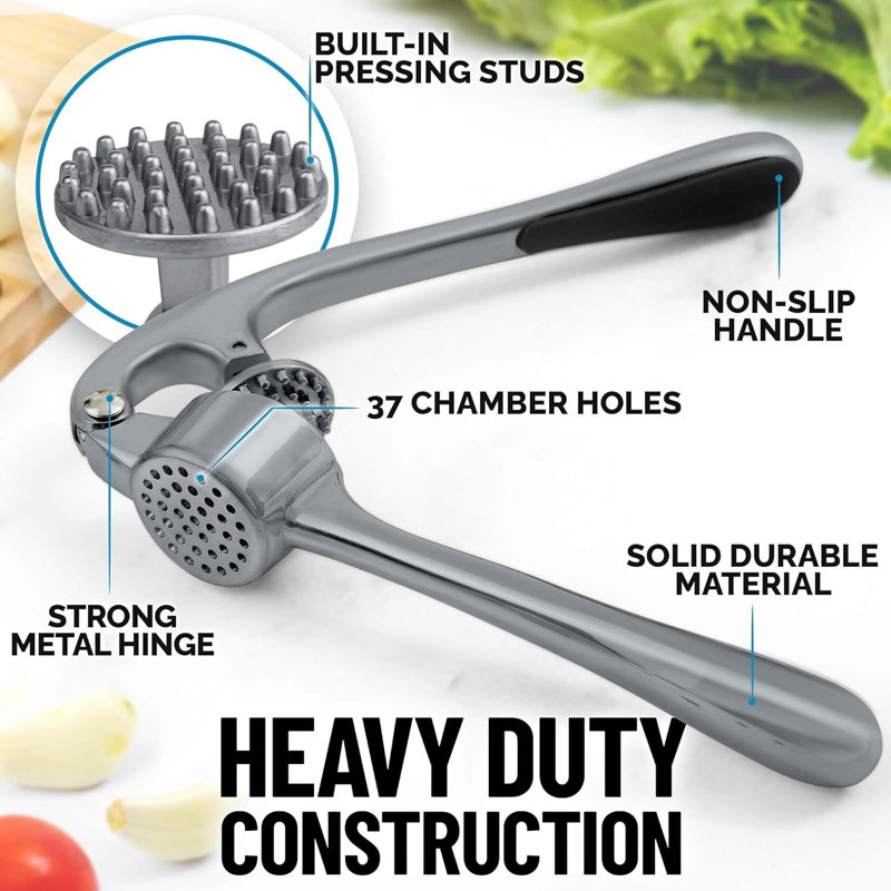 Zulay Kitchen Premium Garlic Press Set - With Silicone Garlic Peeler & Brush, Slate