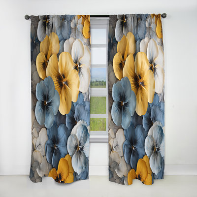 Élégant motif de pétales jaunes et bleus Pansy - rideau floral occultant en velours Pansies - 1 panneau