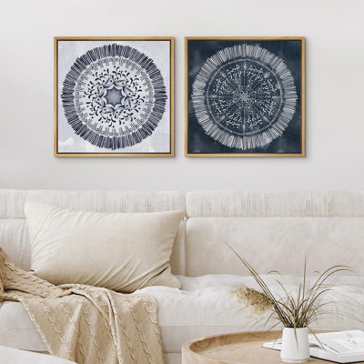 Classical Flowers " Navy Blue Distressed Mandala Tree Wood Rings Abstract " 2 - Pieces