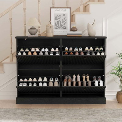 Range-chaussures cannelé avec 4 tiroirs rabattables, range-chaussures étroit en bois avec tablettes réglables pour le vestibule