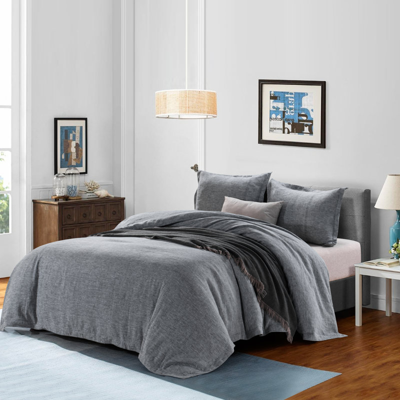 Ensemble de housse de couette en lin pur lin délavé à la pierre, Housse de couette grand + 2 taies décoratives, Gris