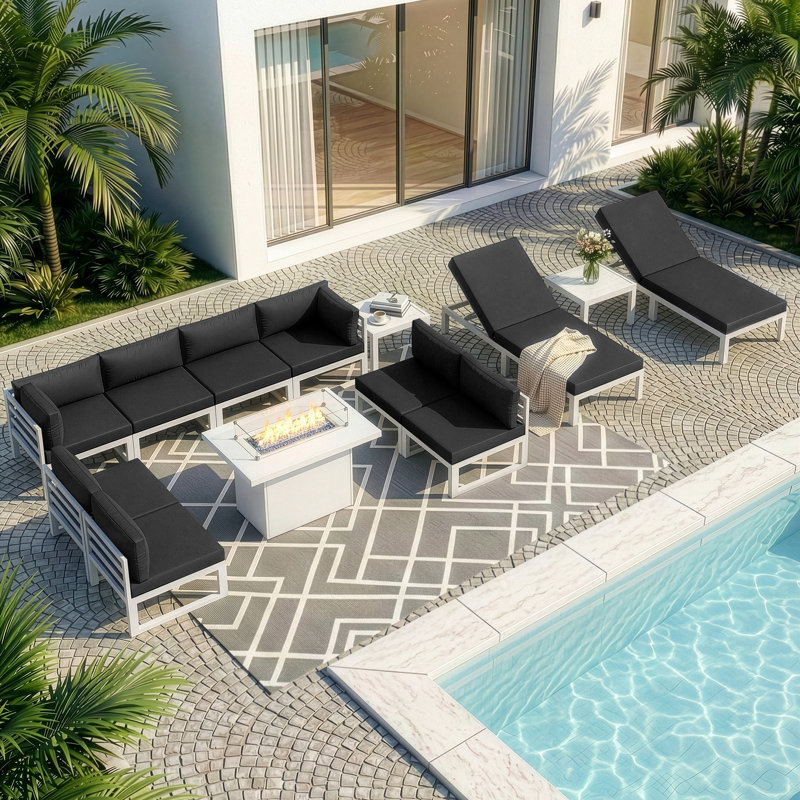 13 Pieces Modern Aluminum Patio Furniture Set With Natural Gas/Propane Firepit Table, Outdoor Modular Sectional Conversation Set With Patio Chaise Lounges