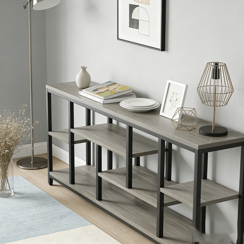 Entryway Sofa Table with Storage Shelves, Gray & Black