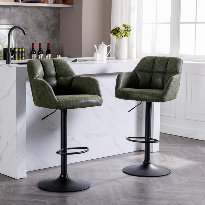 Gareth Swivel Adjustable Height Bar Stool, PU-Dark Green