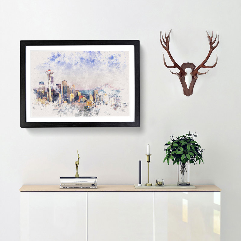 Seattle Skyline - Picture Frame Painting Print, 24cm H x 33cm W x 2cm D, Black Framed