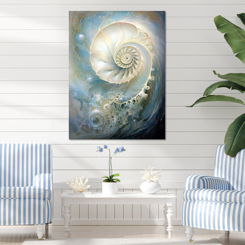 Nautilus perle bleue et blanche sur toile, Toile tendue, H 32 po x l 24 po x P 1 po