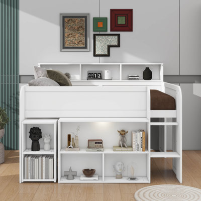 Space-Saving Full-Size Wooden Loft Bed: Extendable Desk, Storage Shelves, LED Light And Built-In Bookcase
