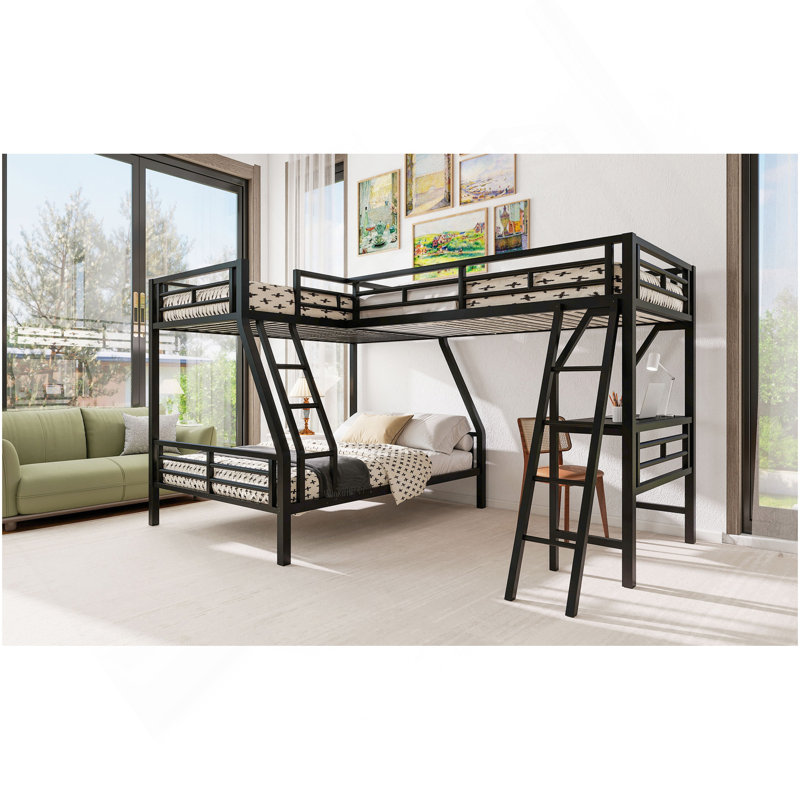 Lit simple superposé simple avec lit mezzanine simple, avec bureau, métal, noir