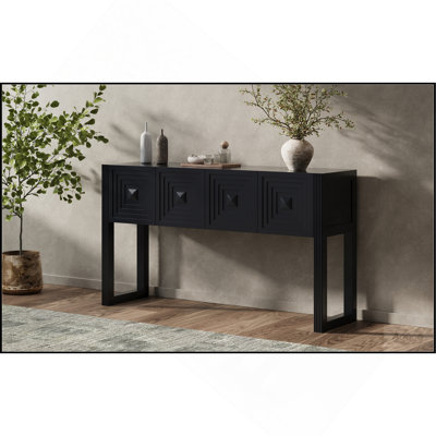 Geometric Carved Console Table with 3 Soft-Close Drawers, Fluted Leg Details, Entryway Sofa Table for Living Room Hallway, Black