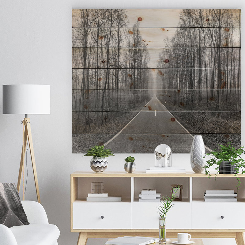«Black and White Freeway in Forest», reproduction d'art paysage, H 15 po x l 20 po x P 1 po, Bois