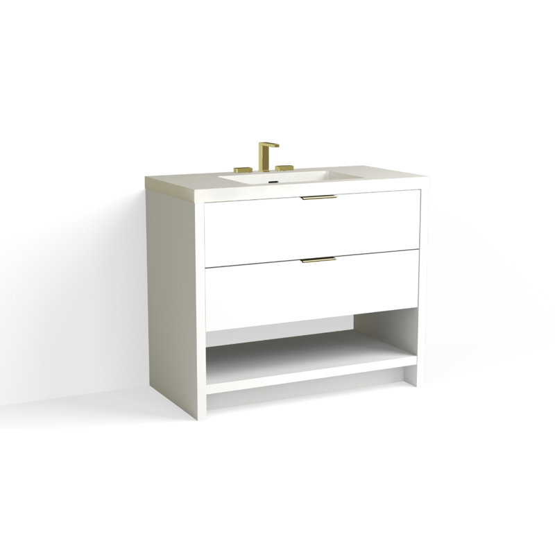Vue 42" W Freestanding Single Bathroom Vanity, Nimbus, Glossy White/8" Widespread, Matte Black