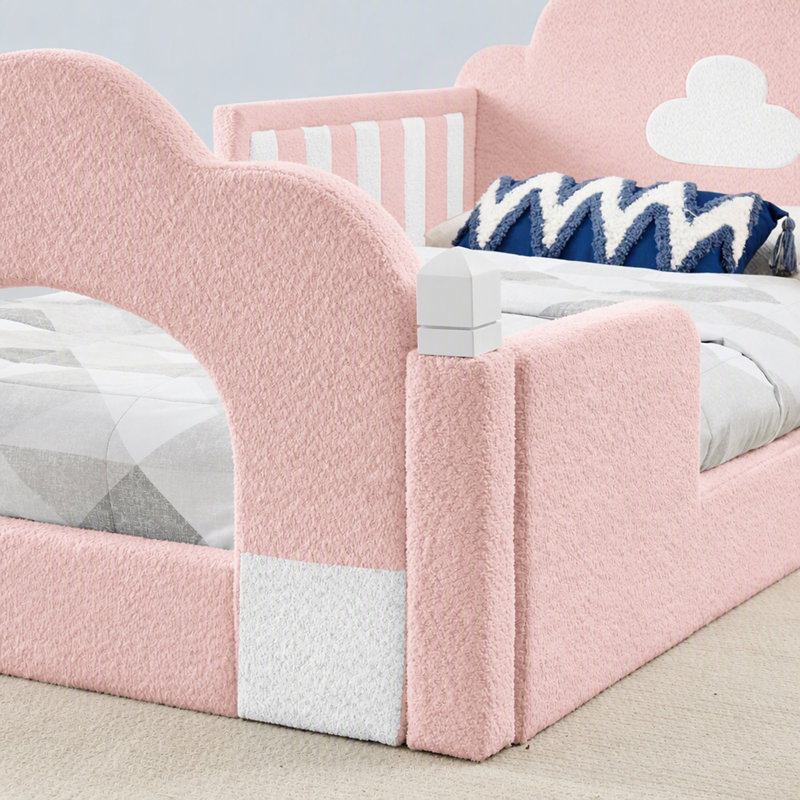 Lit nuage une place avec barrière de sécurité, cadre de lit en bois massif pour chambre à coucher, tissu bouclé, Rose