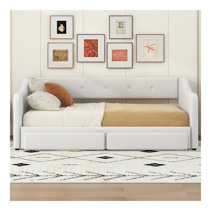 Twin XL to King Size Upholstered Daybed with Two Drawers, Beige