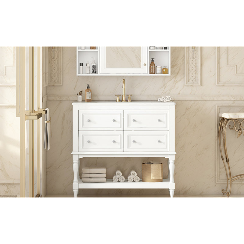 Meuble-lavabo blanc avec lavabo - 36 po, structure en bois massif, 4 tiroirs, lavabo encastré en céramique, lavabo à tiroir fonctionnel blanc, spacieux