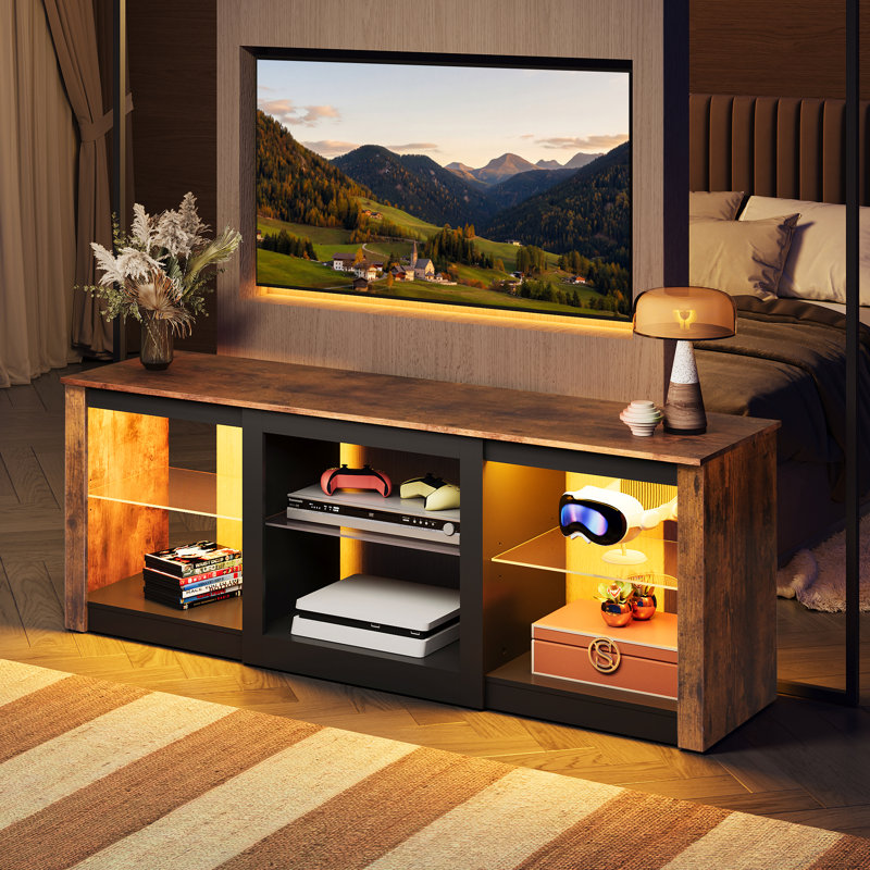 Meuble télé Kruszewski de 58,3 po de largeur pour téléviseur de 65 po ou moins avec éclairage DEL et rangement ouvert, centre de divertissement avec tablettes réglables en verre, console média en bois pour le salon, la chambre à coucher et la salle de jeux