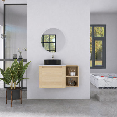 Meuble-lavabo mural 36 po avec lavabo d'art en céramique et tablettes de rangement, chêne blanc américain