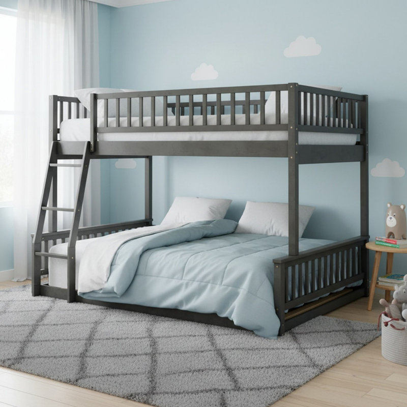 Solid Wood Full XL Over Queen Bunk Bed with Ladder and Guardrails, Convertible 2 Beds for Boys& Girls, Gray