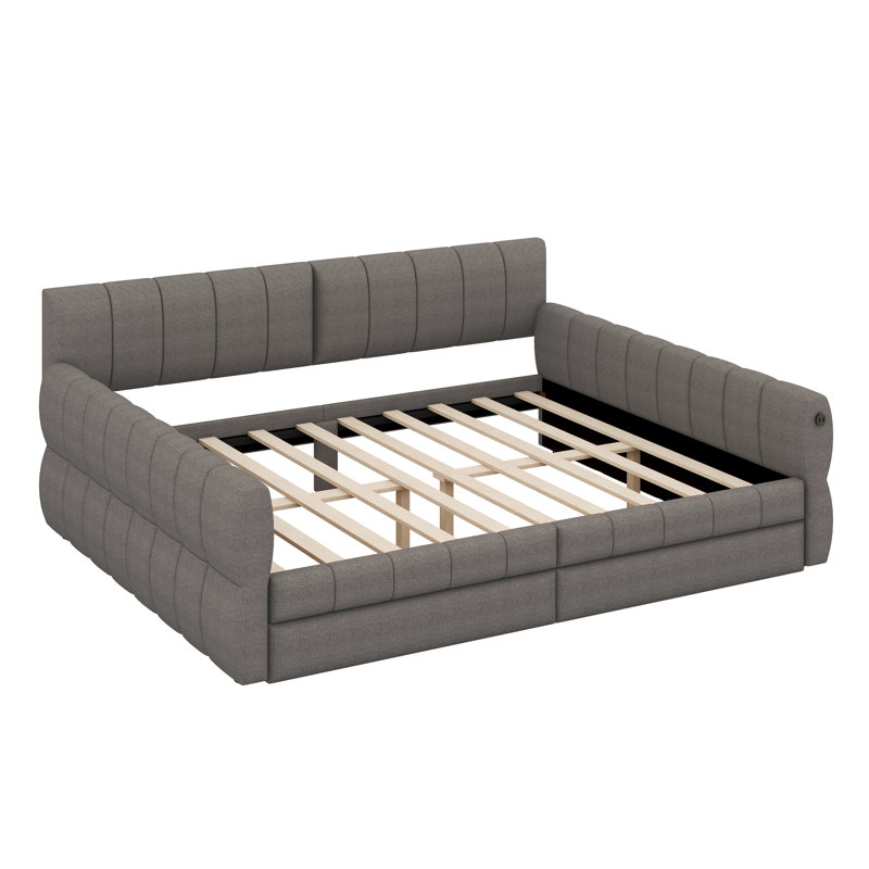 Queen Size Upholstered Platform Daybed With Two Storage Drawers, Lambswool Upholstered Bed Frame With USB, No Box Spring Needed