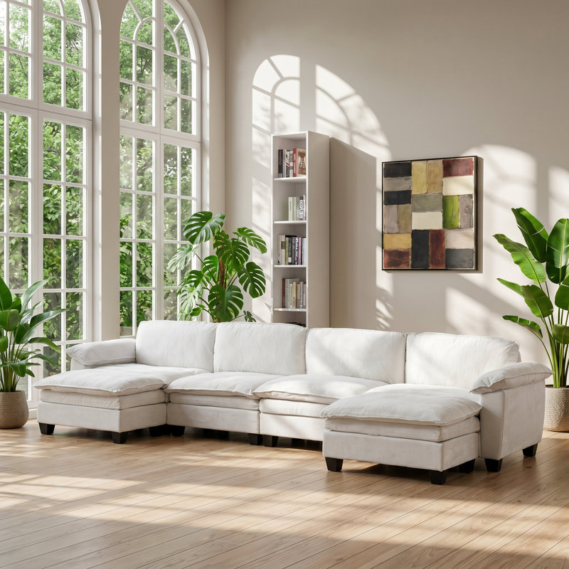 Eucalyptus 157.5" W x 57.1" D x 34.2" H Chenille Four Seater Sectional Sofa with Two Ottomans, Beige Chenille