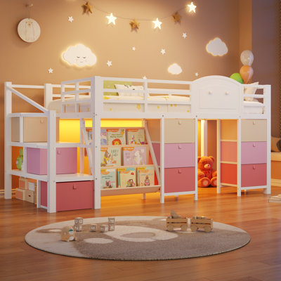 Lit mezzanine bas pour enfant (1 place) avec 9 tiroirs de rangement, bibliothèque et éclairage DEL, en métal, avec escalier et barrière de sécurité.