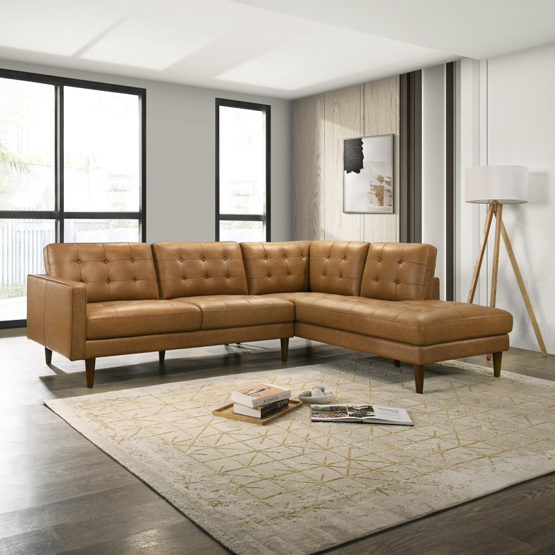 Peart L-Shaped Top-Grain Leather Sectional Sofa & Chaise with Tufted Design, Right Hand Facing