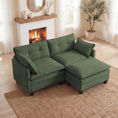 76.5" L-Shaped Modular Sectional Sofa, Deep Seat Corduroy Couch with Movable Ottomans, Green