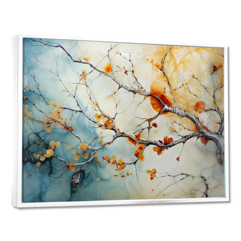 Orange, bleu sarcelle, érable brillant, agate I - arbre érable, art mural, H 34 po x l 44 po x P 1,5 po, Cadre flottant blanc