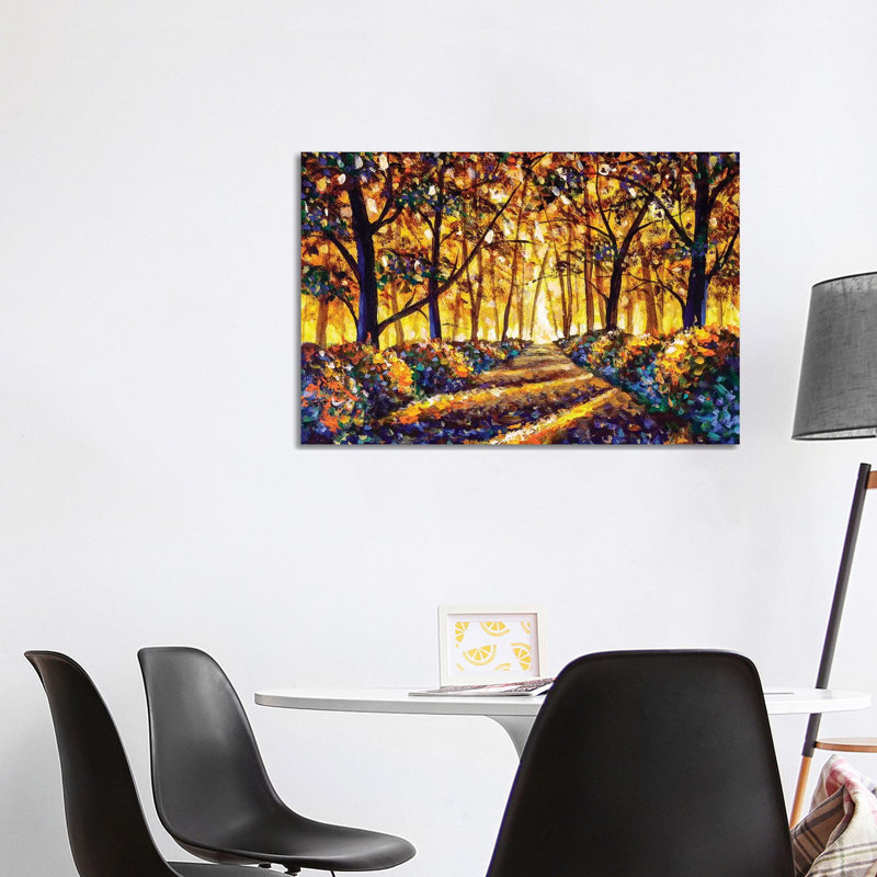 Gold Orange Autumn Road In Forest Landscape by Valery Rybakow - Print on Canvas, 66.04cm H x 101.6cm W x 3.81cm D