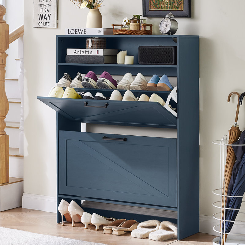 Shoe Storage Cabinet With 2 Flip Drawers,Farmhouse Narrow Shoe Organizer With Legs,Freestanding Hidden Slim Shoe Rack Cabinet With Open Storage For Entryway,Hallway, Foyer