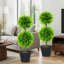 Set of 2 decorative artificial topiary ball-shaped boxwood trees in pot with cypress leaves