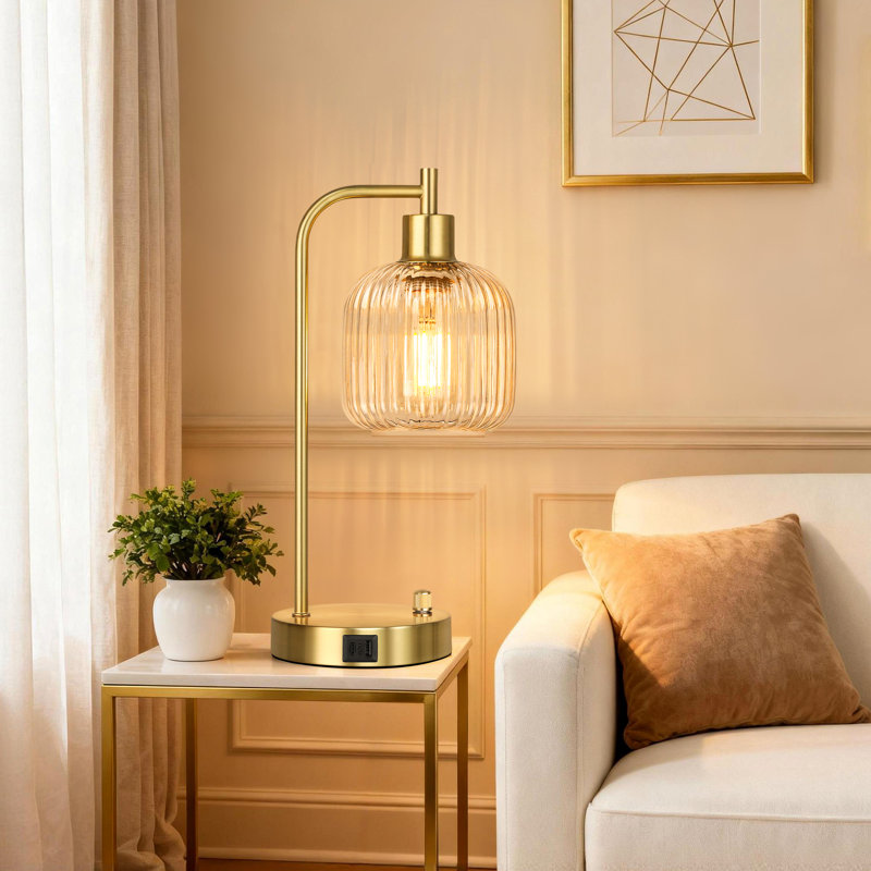 Ensemble de 2 lampes de table en verre crème avec ports USB A&C pour chambre à coucher, Doré, Crème