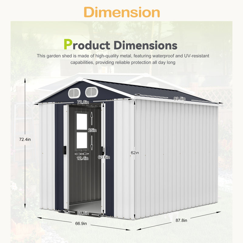 Remise de rangement extérieure 8 x 6 pi, remise à outils en métal et rangement extérieur avec portes verrouillables et évents