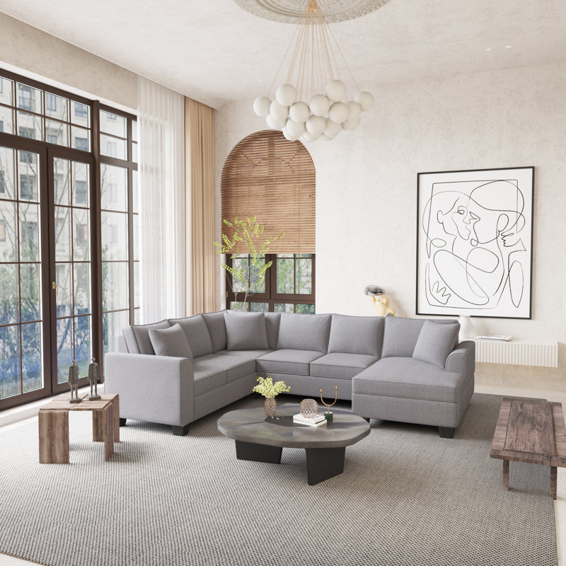 Upholstered U-Shaped Sectional Right Hand Facing, Light Gray Polyester