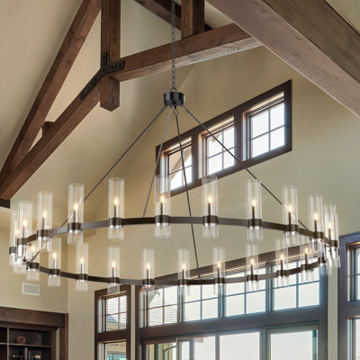 59" Large Black Wagon Wheel Chandelier, 24 Lights Modern Farmhouse Chandelier Round Pendant Light With Glass Shade, Industrial Foyer Chandelier For High Ceilings,living Room,dining Room