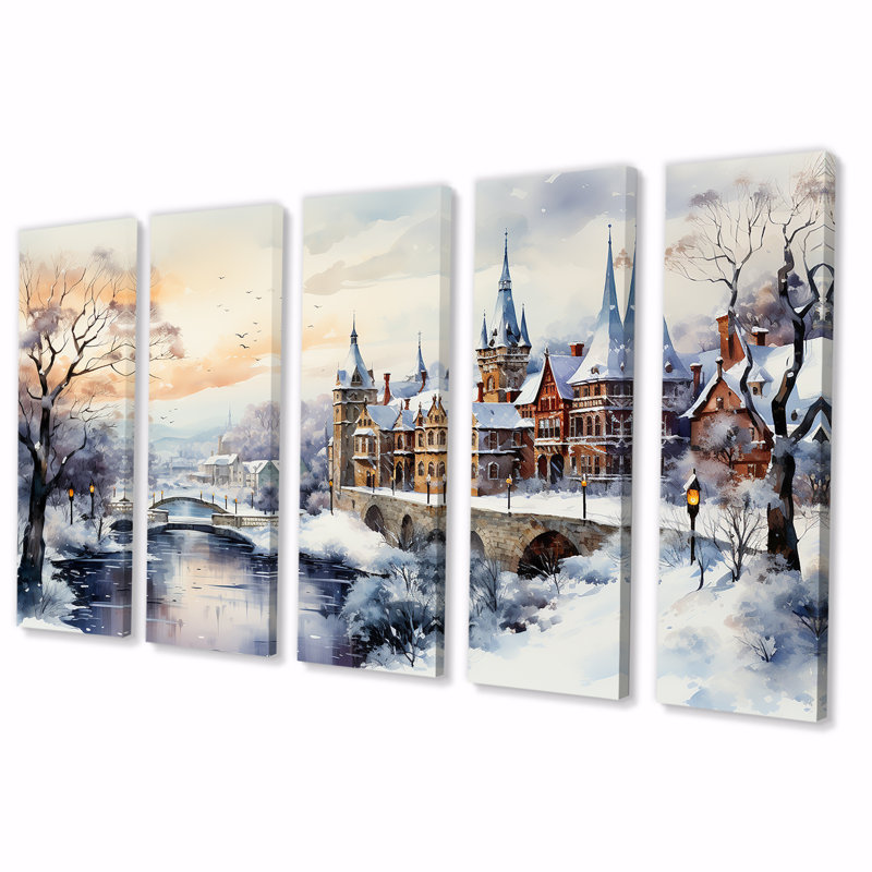 «Wonderful Village Winter At Christmas II - Winter Landscape», art mural 5 pièces, H 32 po x l 80 po
