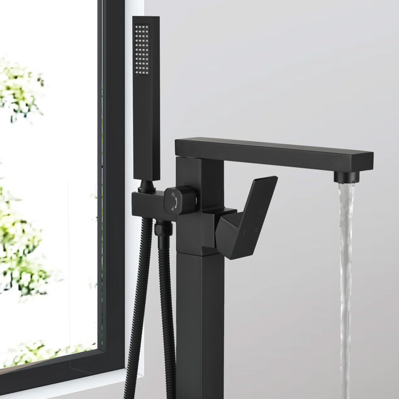 Robinet de baignoire autoportant Robinet de baignoire à fixation au sol avec douche à main, Noir mat