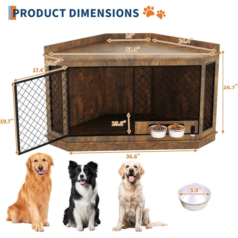 Meuble de 52 po pour cage d'angle avec mangeoire rotative, meuble télé peu encombrant pour petits / moyens / grands chiens
